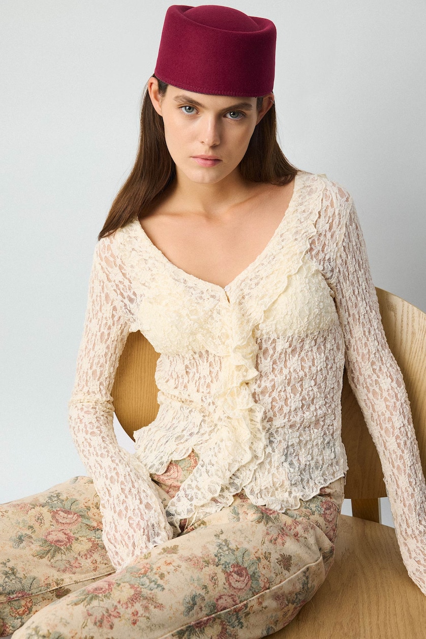 WOMAN Ecru Regular Fit Lace Long Sleeve T-Shirt