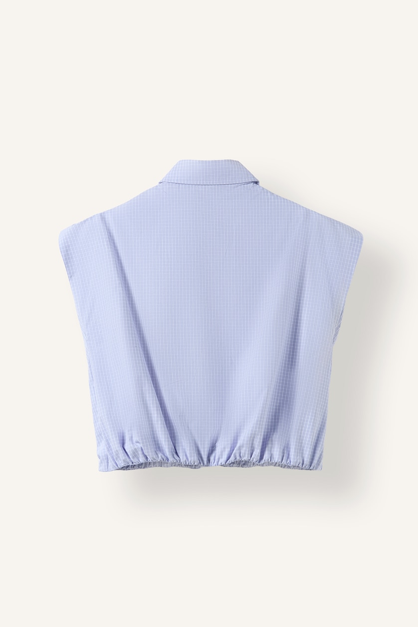 Kadın Açık Mavi Çizgili Poplin Etek Ucu Lastikli Crop Gömlek