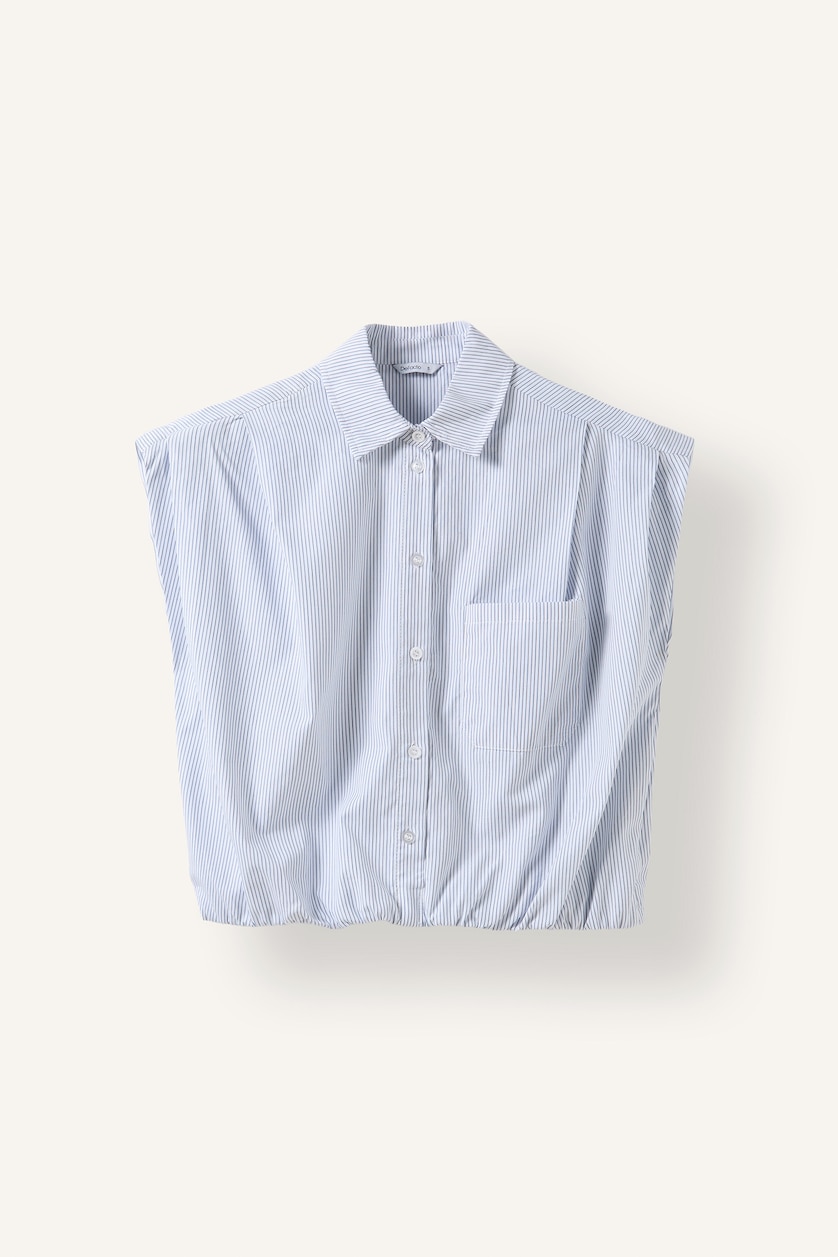 Kadın Siyah Çizgili Poplin Etek Ucu Lastikli Crop Gömlek