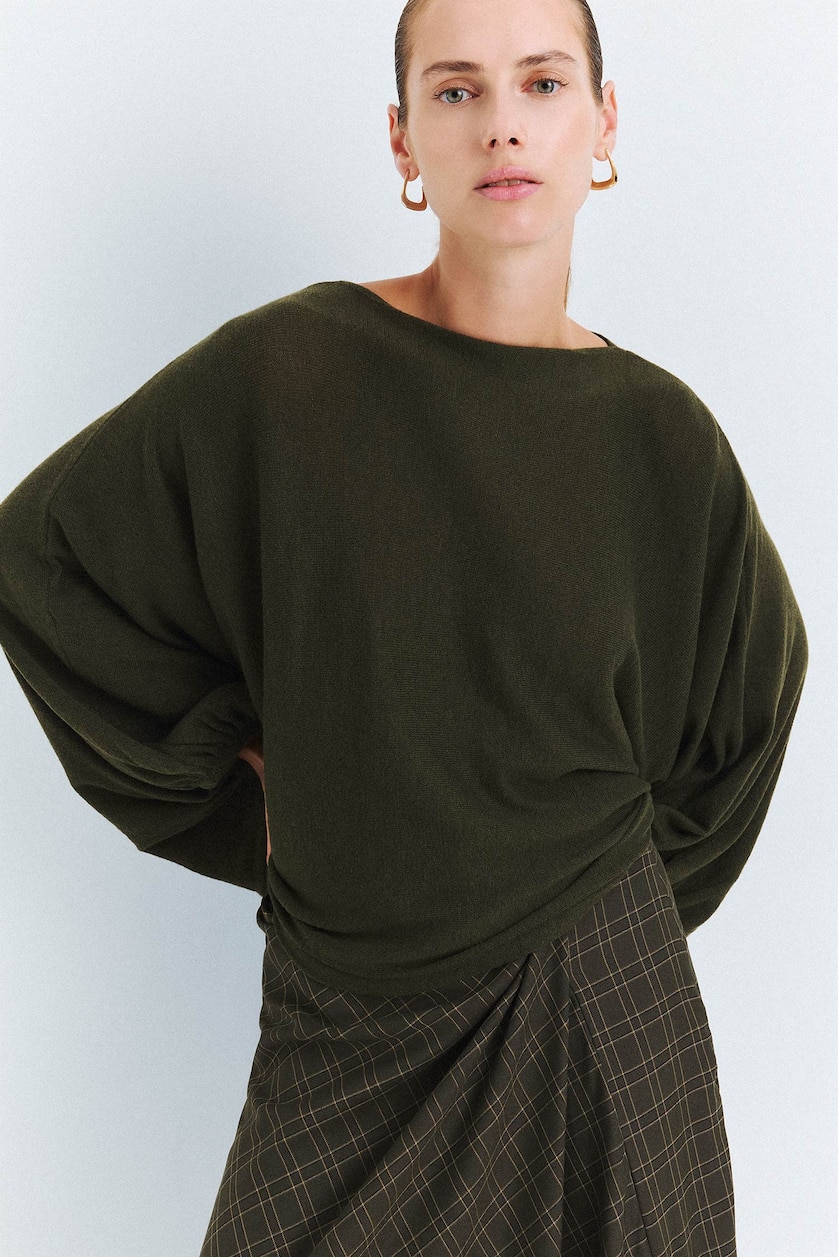 FEMME Kaki Pull basic en tricot à col bateau et manches ballon