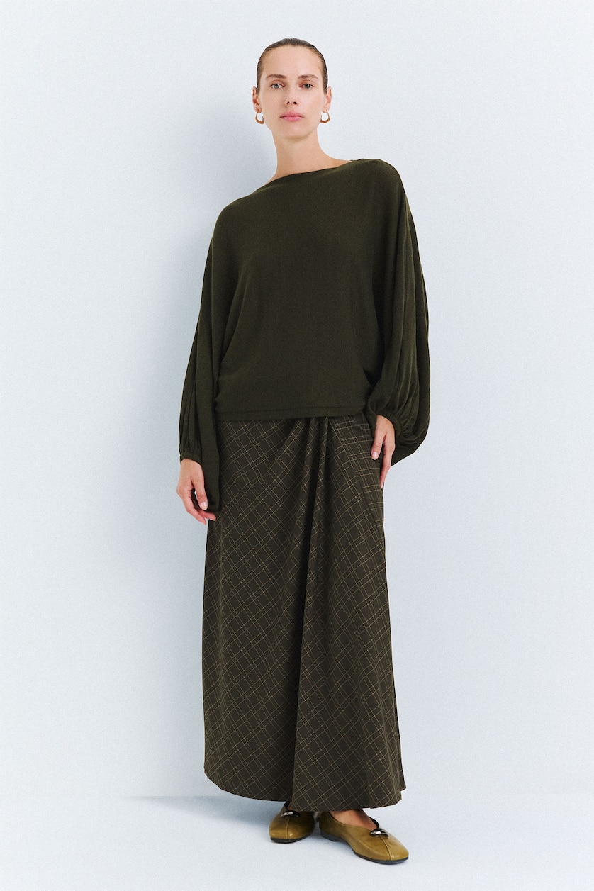 FEMME Kaki Pull basic en tricot à col bateau et manches ballon
