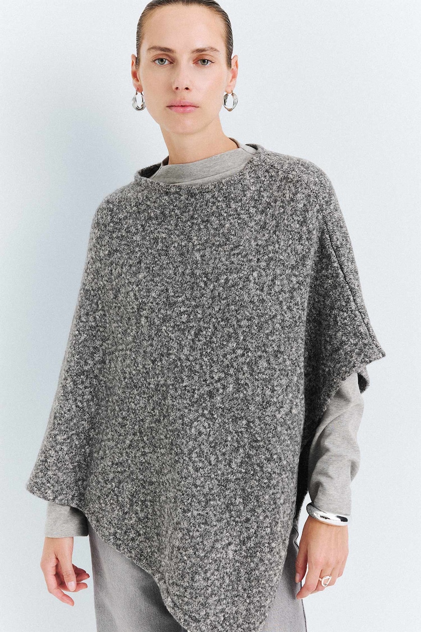 Kadın Gri Melanj Loose Fit Kayık Yaka Triko Basic Kazak