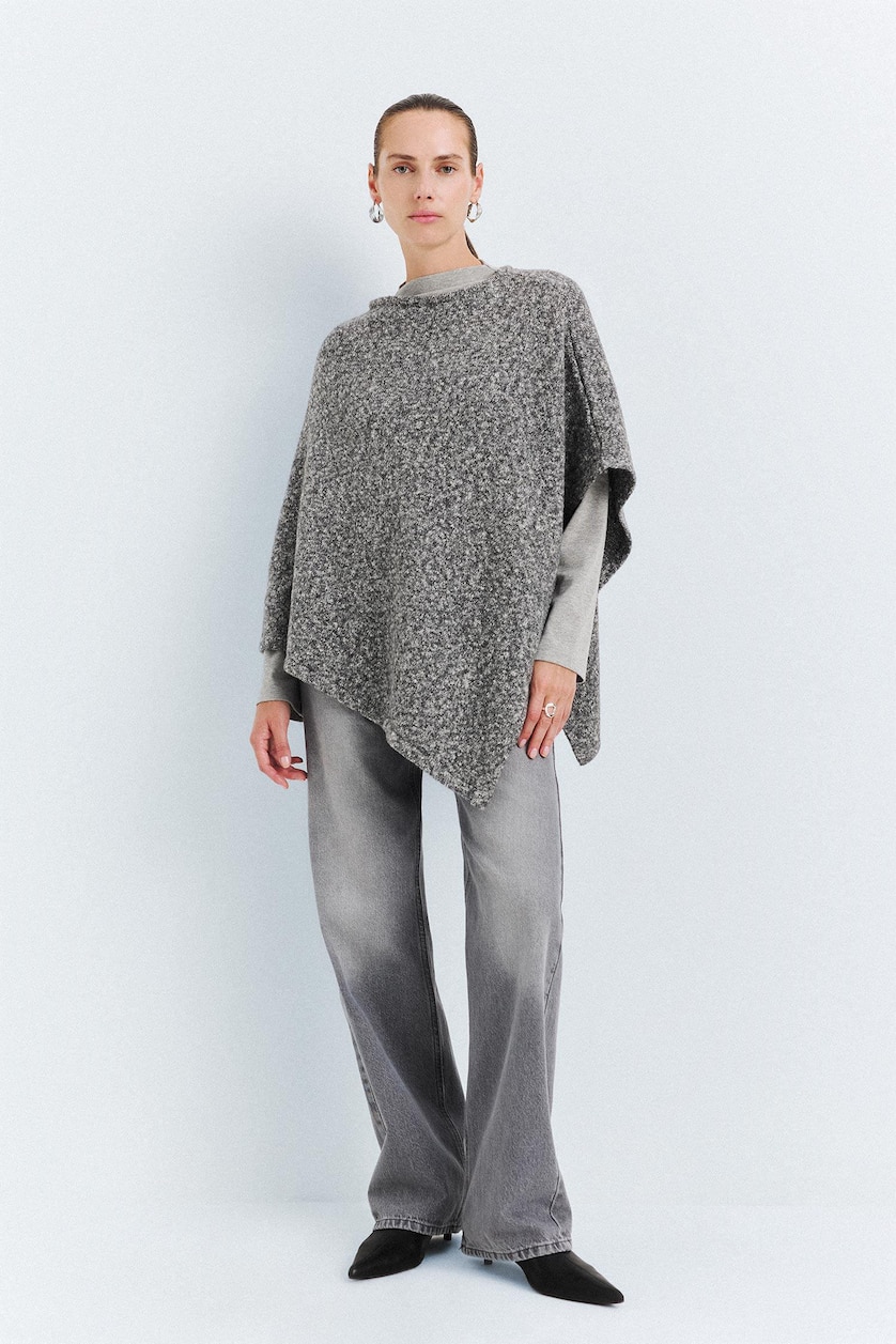 Kadın Gri Melanj Loose Fit Kayık Yaka Triko Basic Kazak