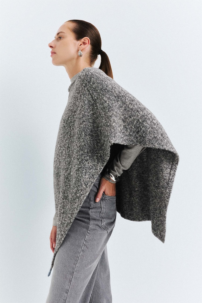 Kadın Gri Melanj Loose Fit Kayık Yaka Triko Basic Kazak