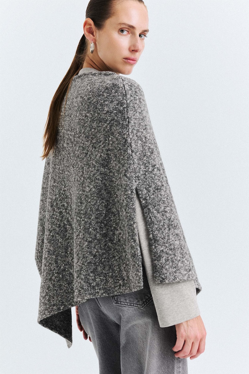 Kadın Gri Melanj Loose Fit Kayık Yaka Triko Basic Kazak