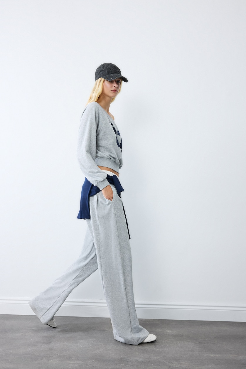 نساء ميلانج رمادي فاتح Wide Leg Kalın Sweatshirt Kumaşı Trousers