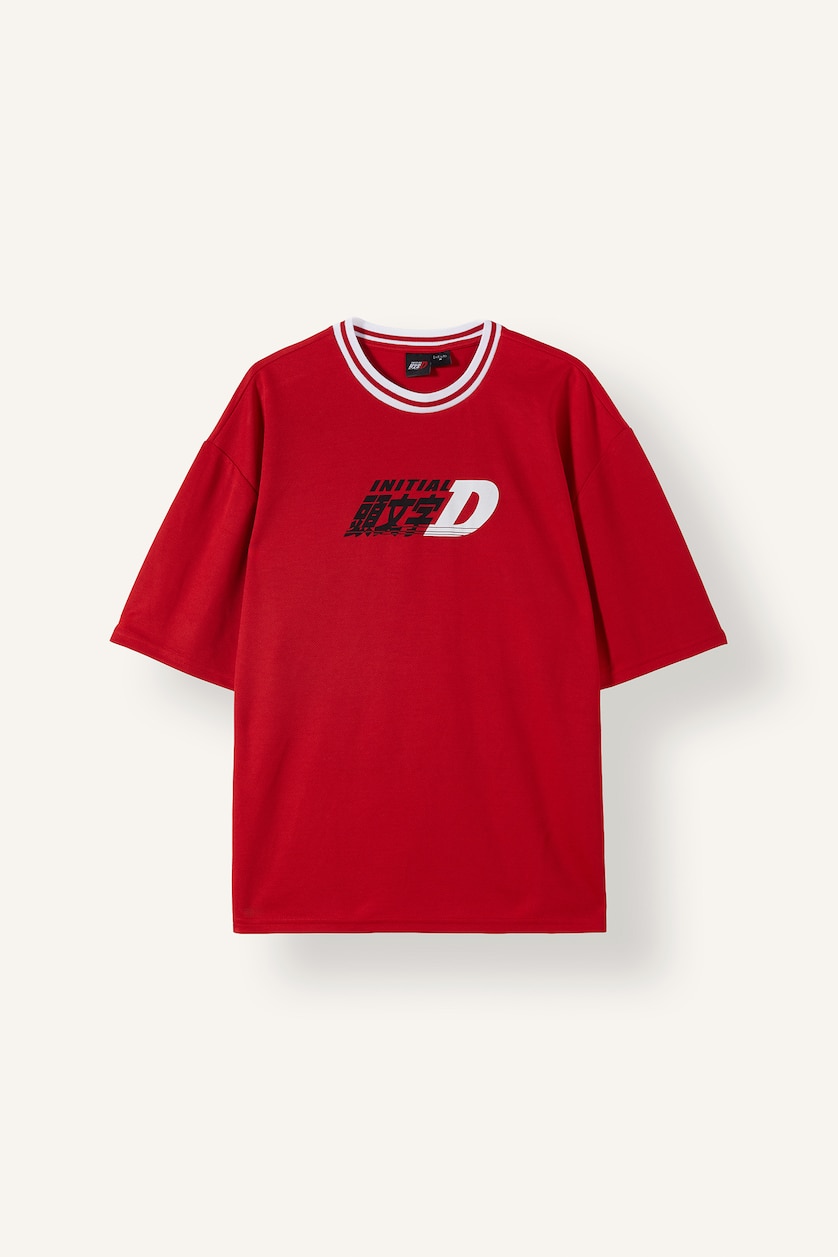 Erkek Kırmızı Initial D Boxy Fit Çoklu Baskılı Tişört