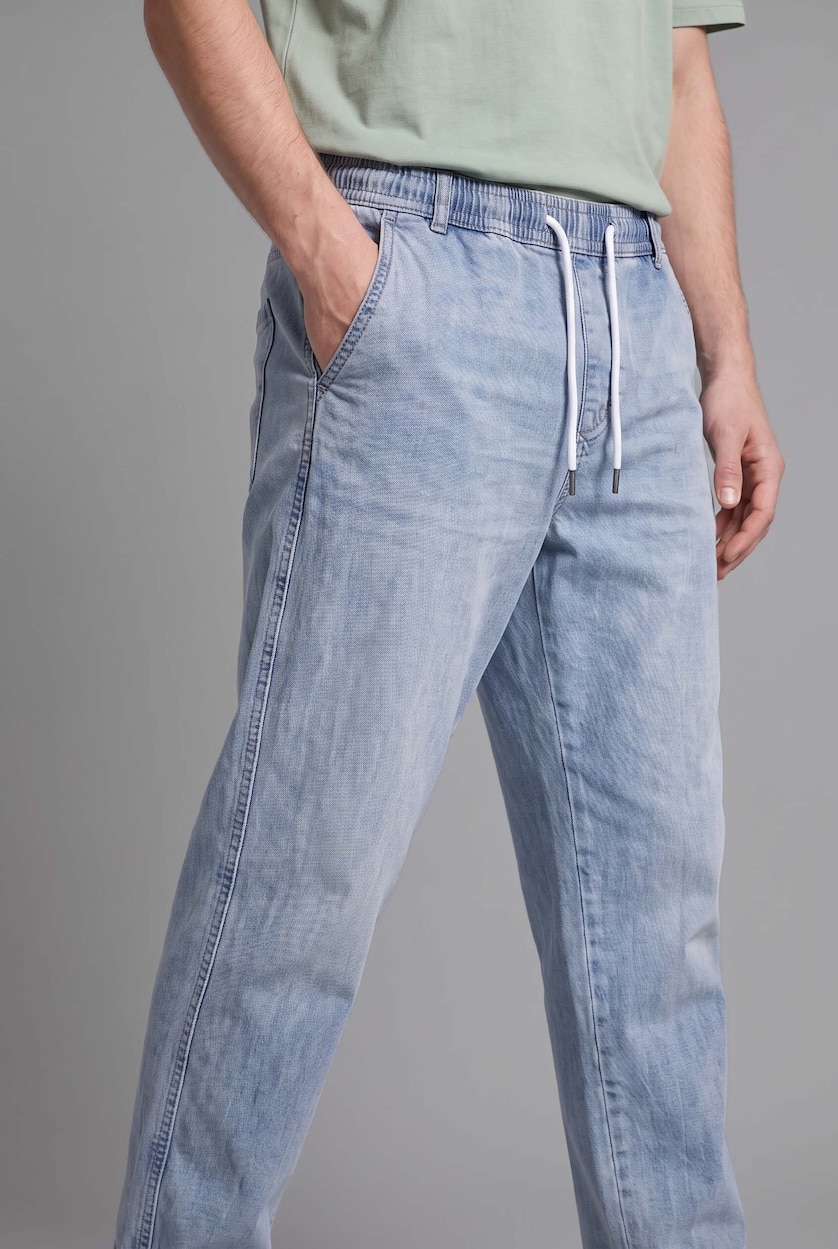 Man Light Blue Elastic Waist Wide Leg Jeans