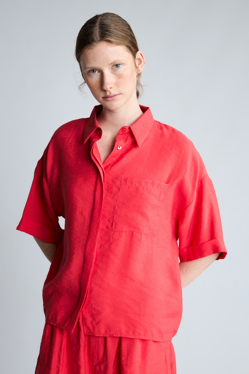 Kadın Kırmızı Overshirt Fit Kısa Kollu Gömlek