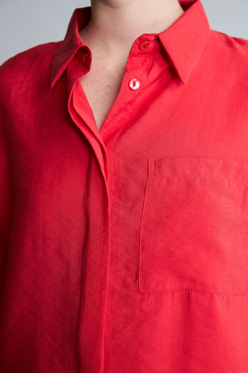 Kadın Kırmızı Overshirt Fit Kısa Kollu Gömlek