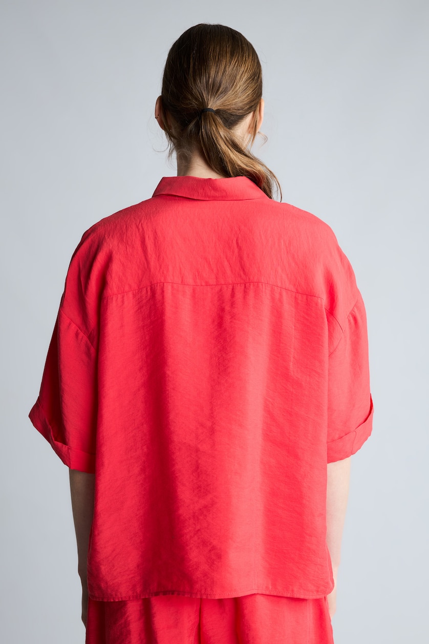 Kadın Kırmızı Overshirt Fit Kısa Kollu Gömlek