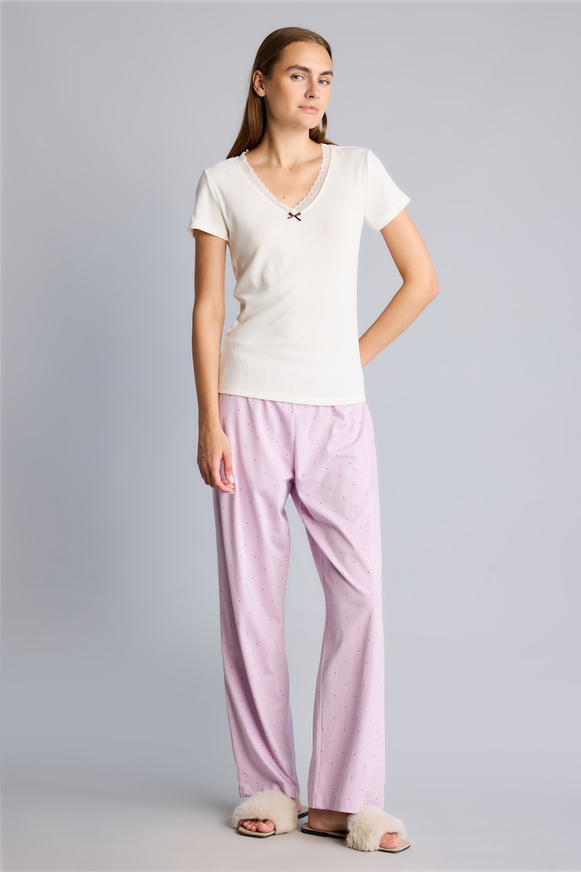 Kadın Açık Lila V Yaka Kısa Kol Ribana Pijama Takımı