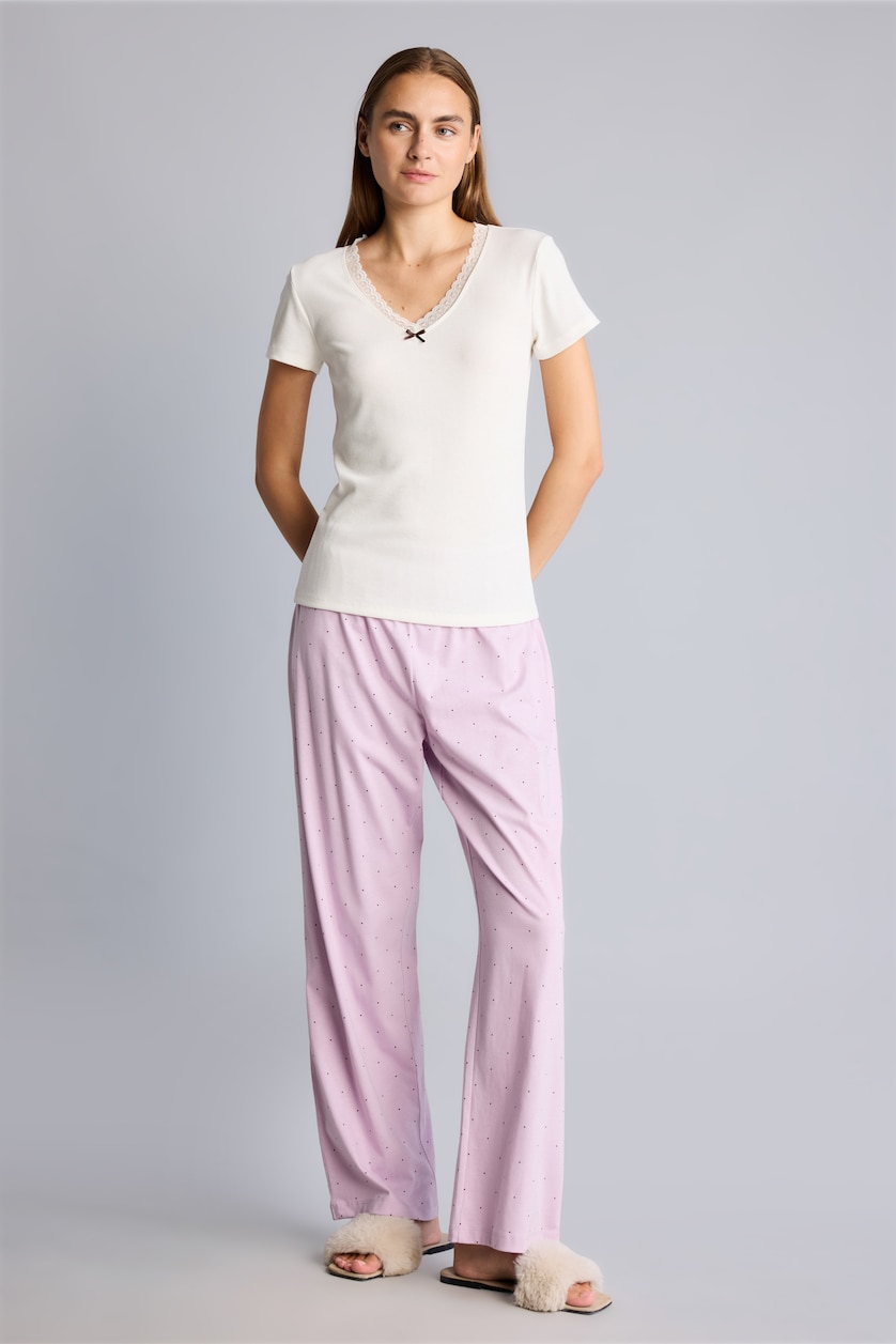 Kadın Açık Lila V Yaka Kısa Kol Ribana Pijama Takımı