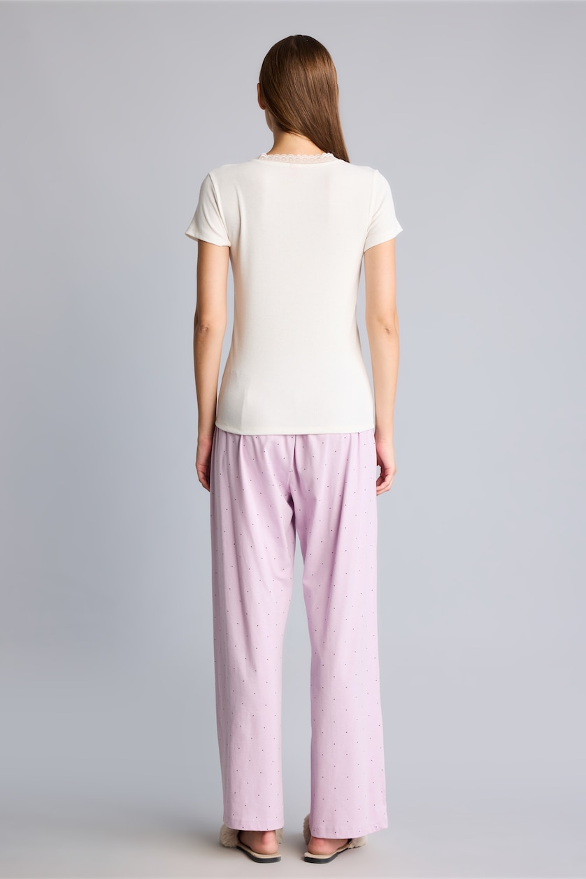 Kadın Açık Lila V Yaka Kısa Kol Ribana Pijama Takımı