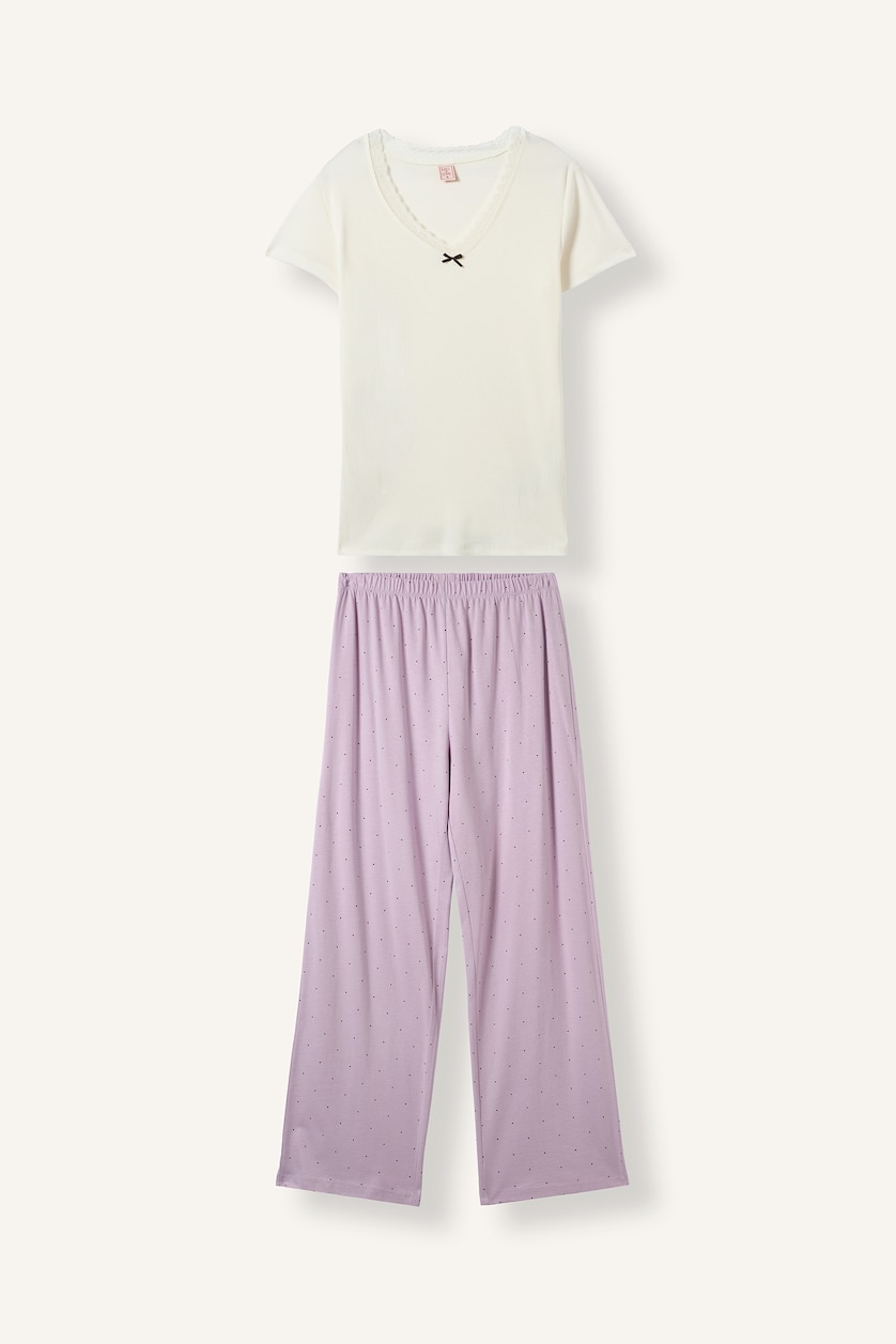 نساء أرجواني فاتح سيت بجامة قصة عادية مفصل بالدانتيل - قطعتين