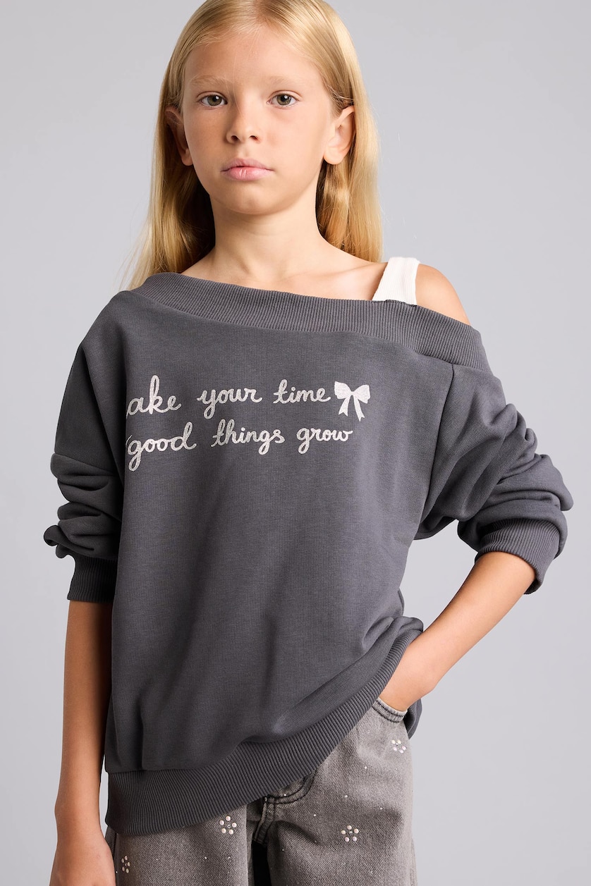 Young Girls - Teen Girls Anthracite Regular Fit Slogan Off Shoulder Sweatshirt