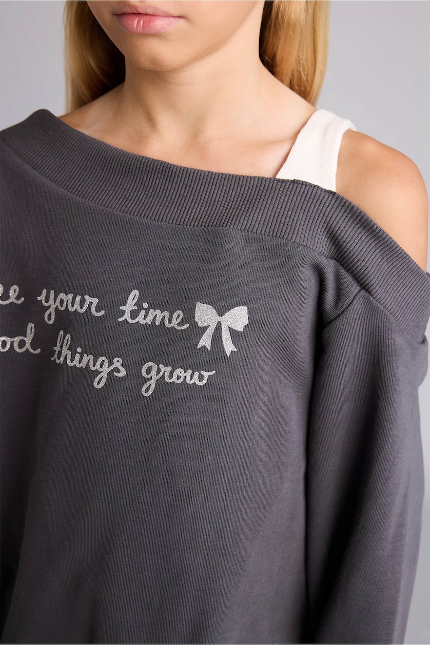 Young Girls - Teen Girls Anthracite Regular Fit Slogan Off Shoulder Sweatshirt