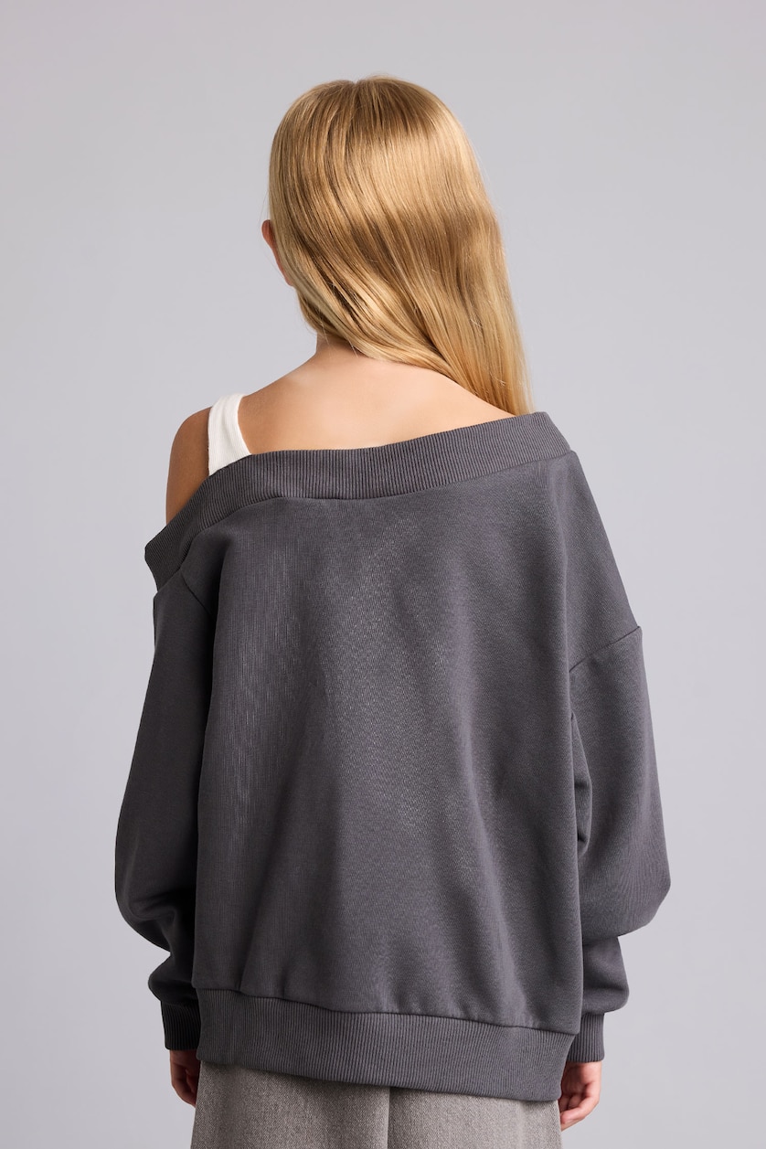 Young Girls - Teen Girls Anthracite Regular Fit Slogan Off Shoulder Sweatshirt