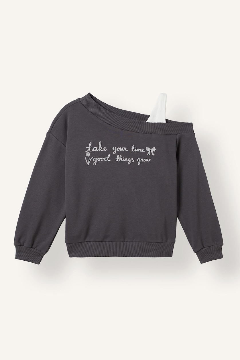 Young Girls - Teen Girls Anthracite Regular Fit Slogan Off Shoulder Sweatshirt