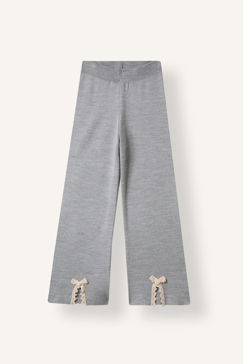 Kız Çocuk - Genç Kız Gri Melanj Wide Leg Fiyonklu Triko Pantolon Kız Çocuk