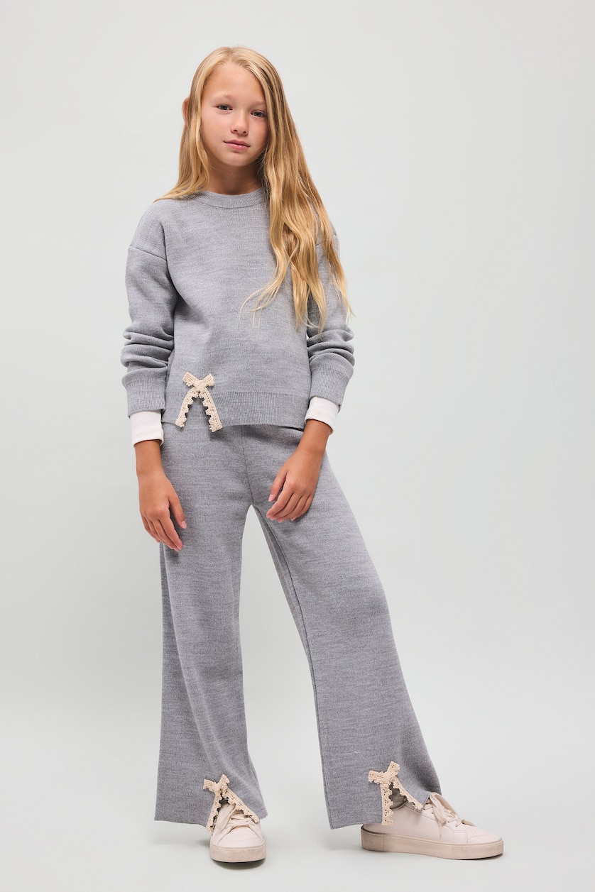 GIRLS & TEENS Grey Melange Girl Wide Leg Knit Trousers with Bow Detail at Hem
