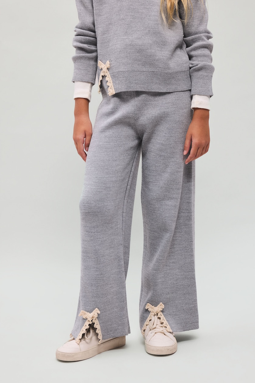 GIRLS & TEENS Grey Melange Girl Wide Leg Knit Trousers with Bow Detail at Hem