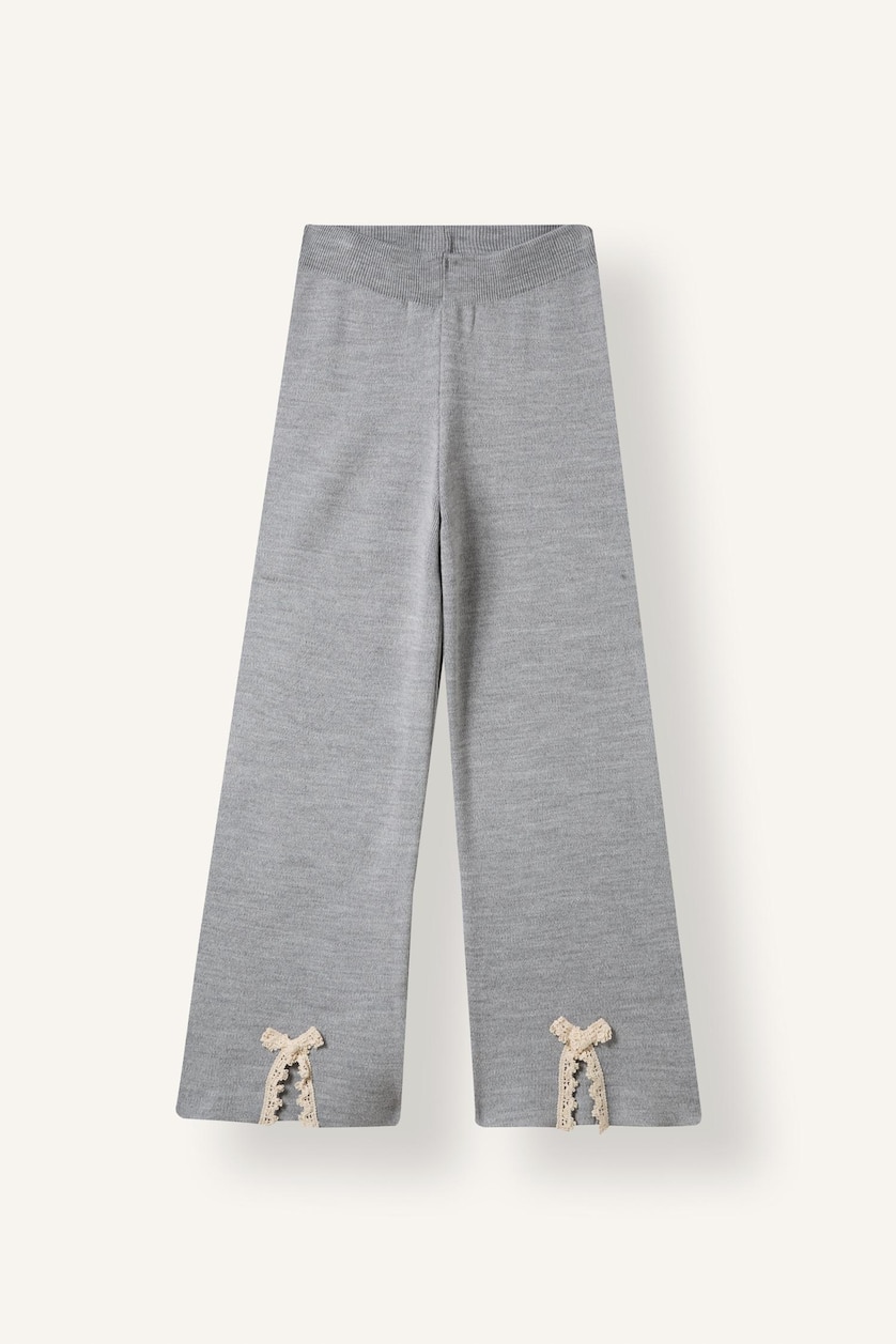 GIRLS & TEENS Grey Melange Girl Wide Leg Knit Trousers with Bow Detail at Hem