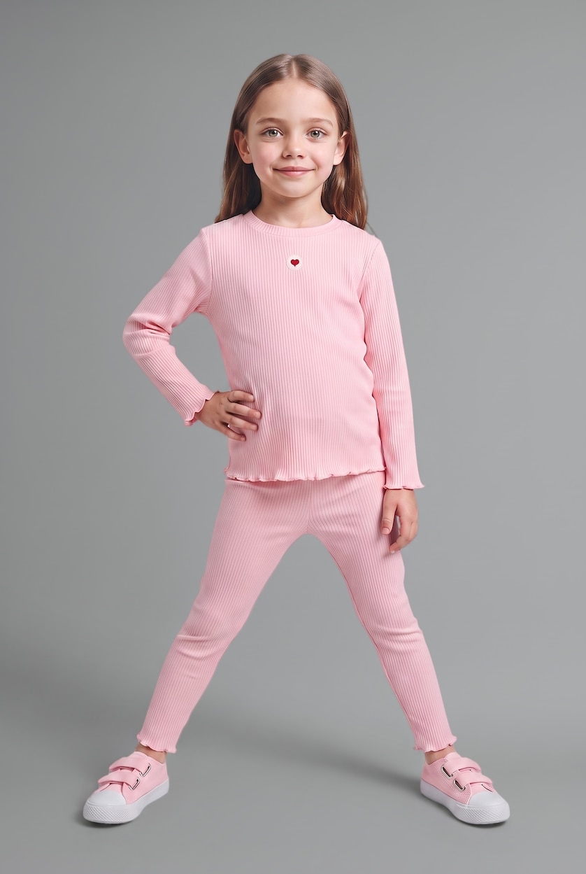 Kız Bebek Açık Pembe 2'li Takım Kalp Detaylı Fitilli Kız Bebek