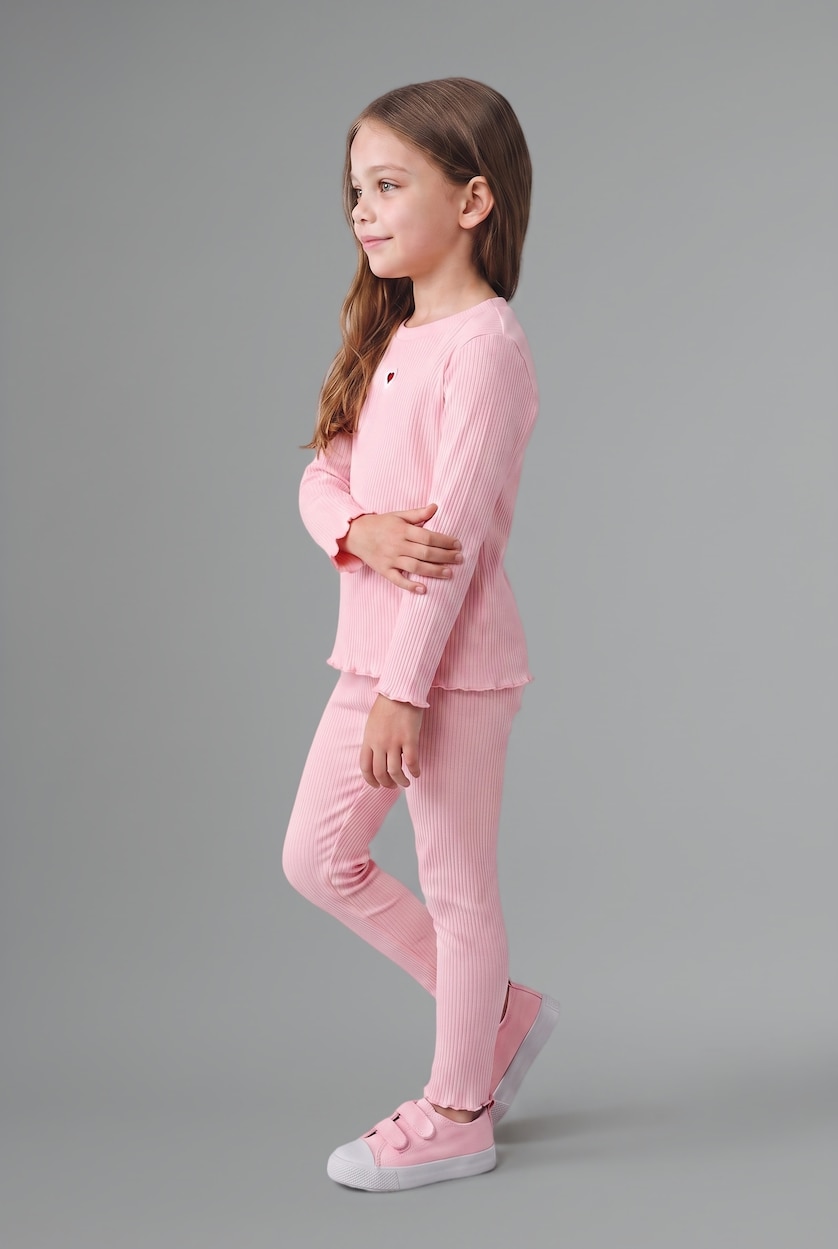 Kız Bebek Açık Pembe 2'li Takım Kalp Detaylı Fitilli Kız Bebek