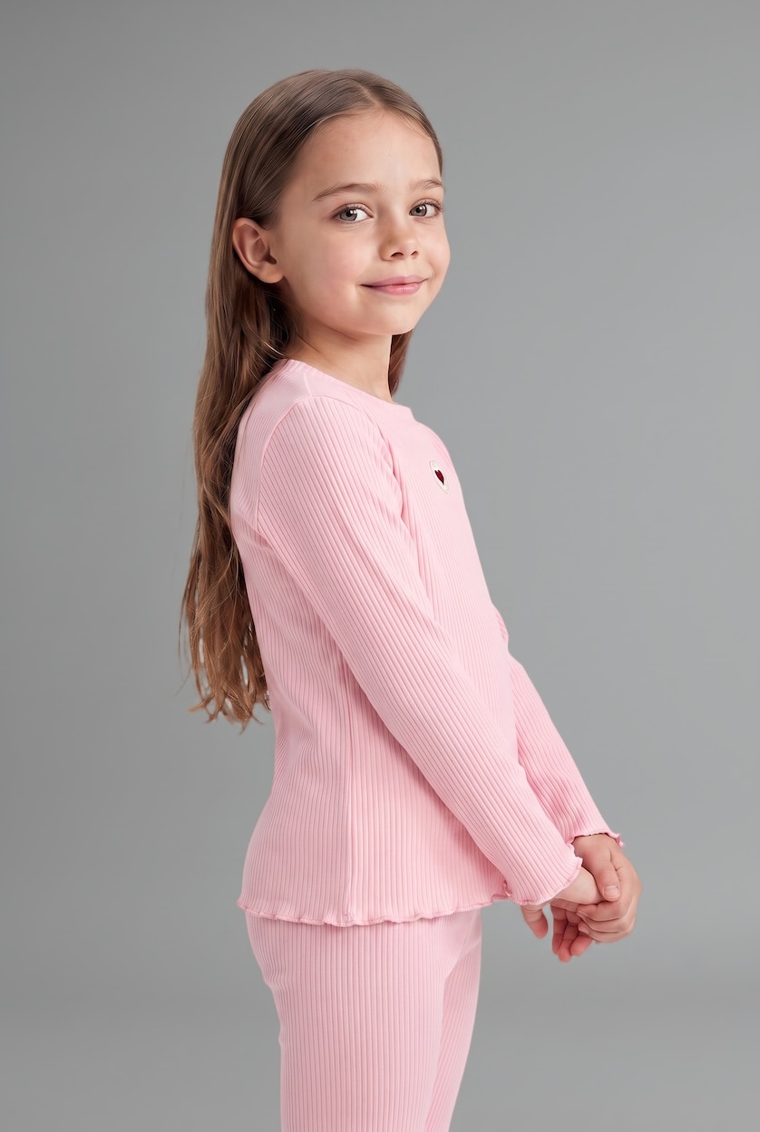 Kız Bebek Açık Pembe 2'li Takım Kalp Detaylı Fitilli Kız Bebek