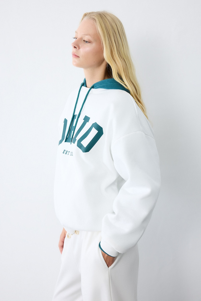 WOMAN White Oversize Fit 100% Cotton Printed Crew Neck Sweatshirt