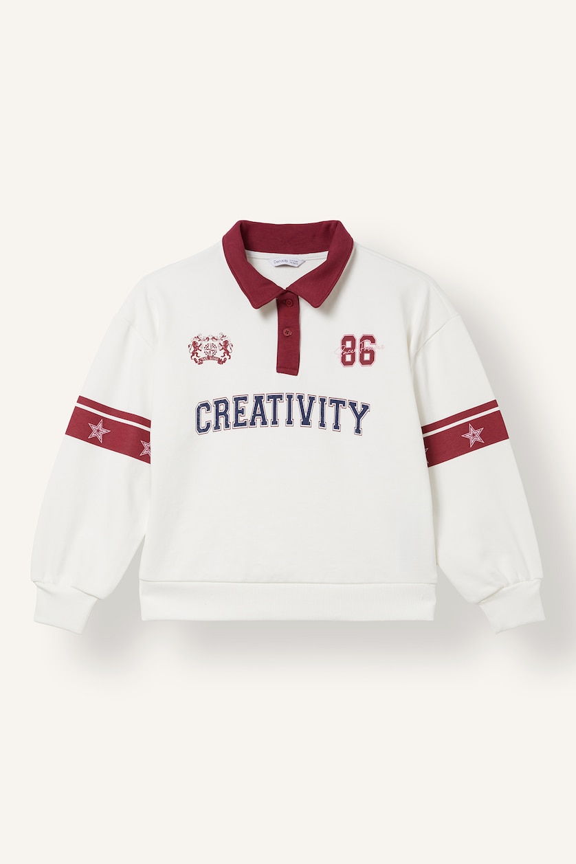 Kız Çocuk - Genç Kız Ekru Polo Yaka Baskılı Sweatshirt Kız Çocuk