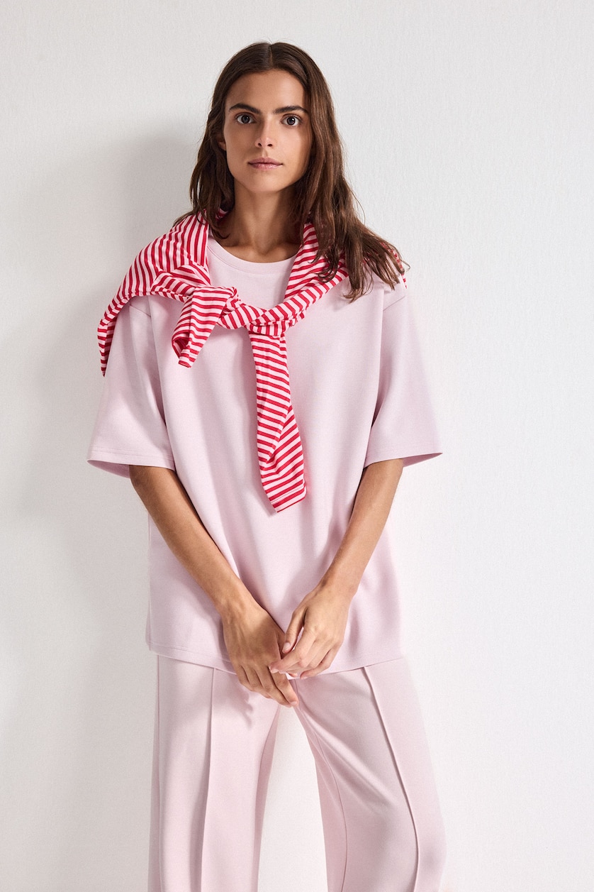 Kadın Açık Pembe Oversize Basic Tişört