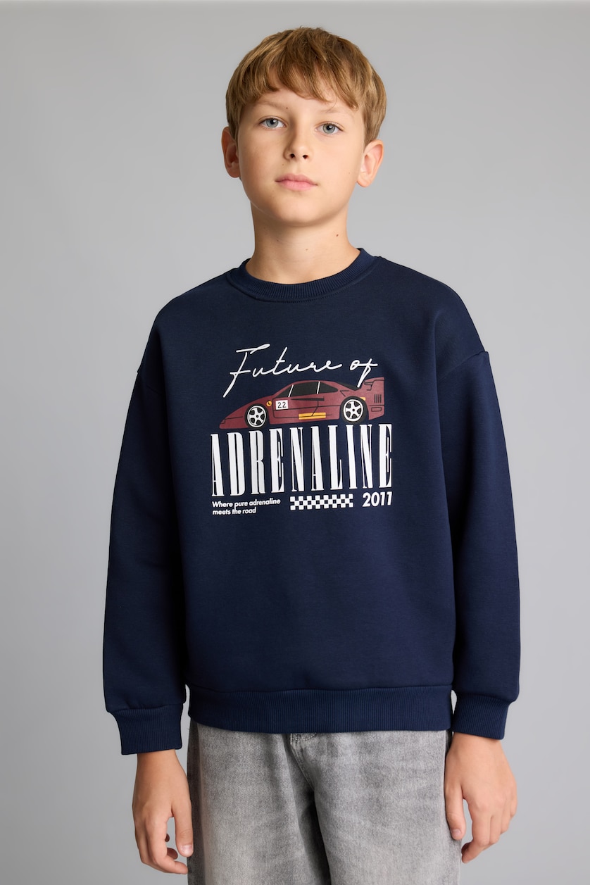 Erkek Çocuk - Genç Erkek Lacivert Regular Fıt Bisiklet Yaka Araç Baskılı Kalın Kumaş Sweatshirt Erkek Çocuk