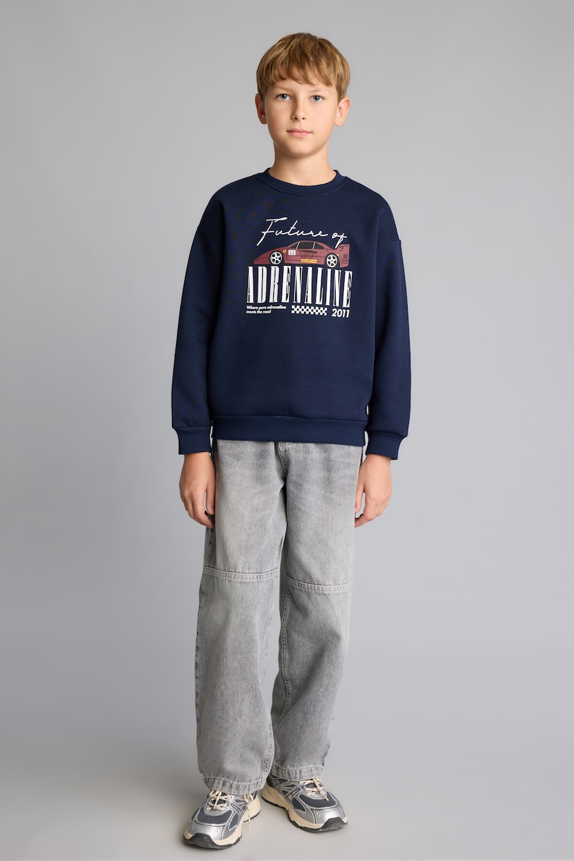 Erkek Çocuk - Genç Erkek Lacivert Regular Fıt Bisiklet Yaka Araç Baskılı Kalın Kumaş Sweatshirt Erkek Çocuk