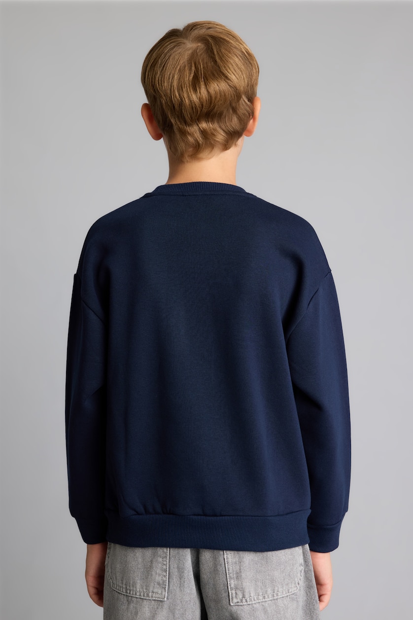 Erkek Çocuk - Genç Erkek Lacivert Regular Fıt Bisiklet Yaka Araç Baskılı Kalın Kumaş Sweatshirt Erkek Çocuk