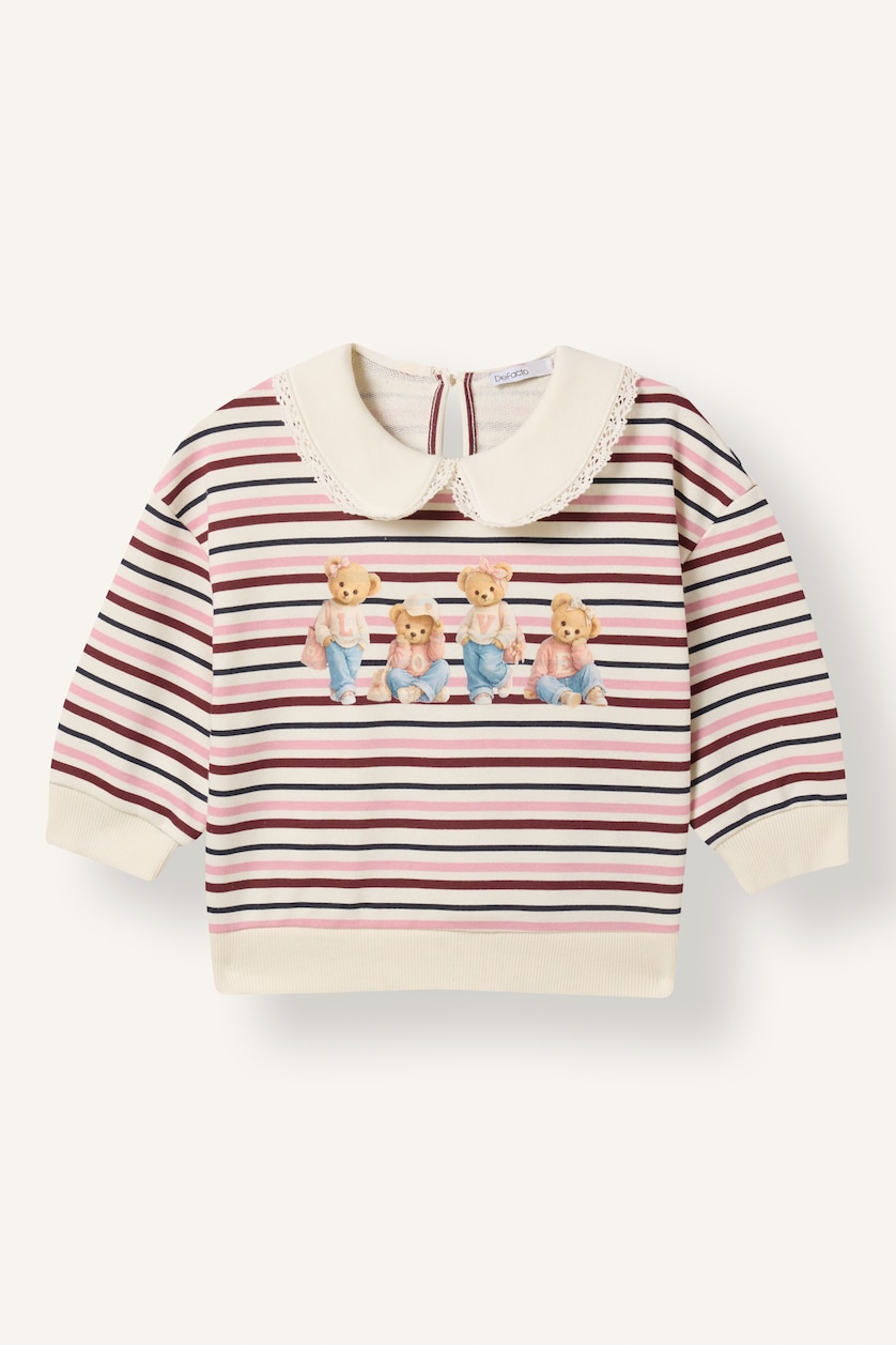 Kız Bebek Ekru Çizgili Ayıcık Baskılı Bebe Yaka Sweatshirt