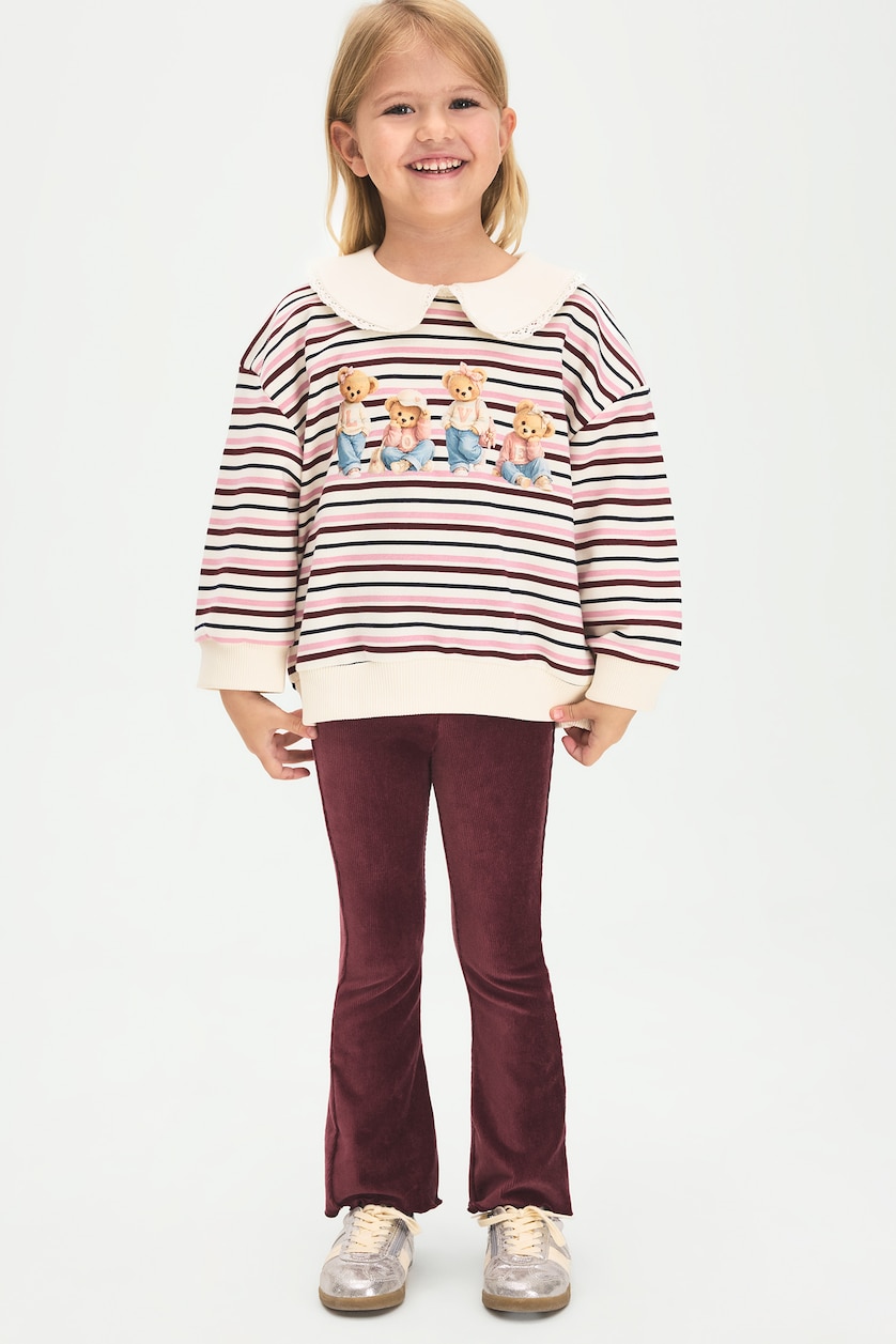 Kız Bebek Ekru Çizgili Ayıcık Baskılı Bebe Yaka Sweatshirt