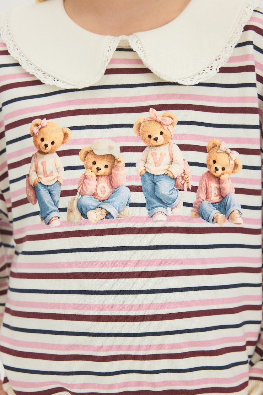 Kız Bebek Ekru Çizgili Ayıcık Baskılı Bebe Yaka Sweatshirt