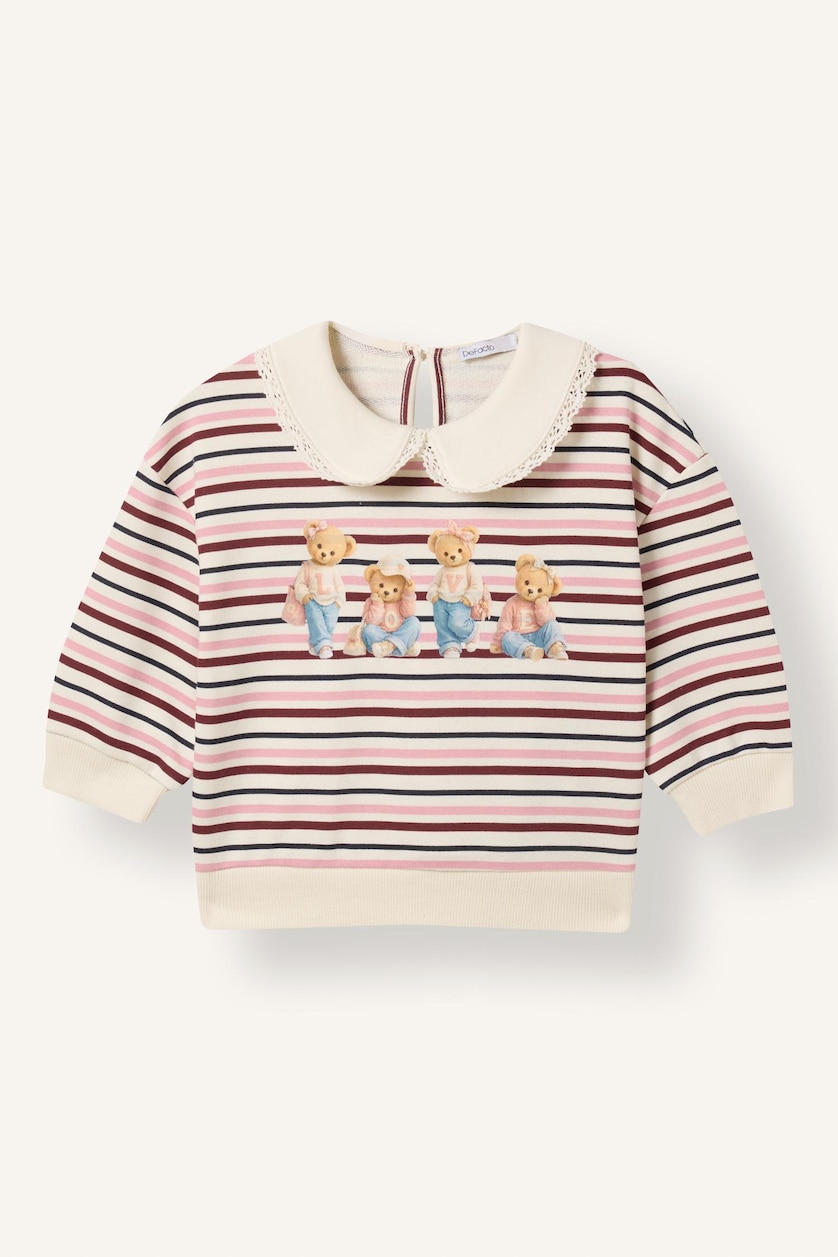 Kız Bebek Ekru Çizgili Ayıcık Baskılı Bebe Yaka Sweatshirt