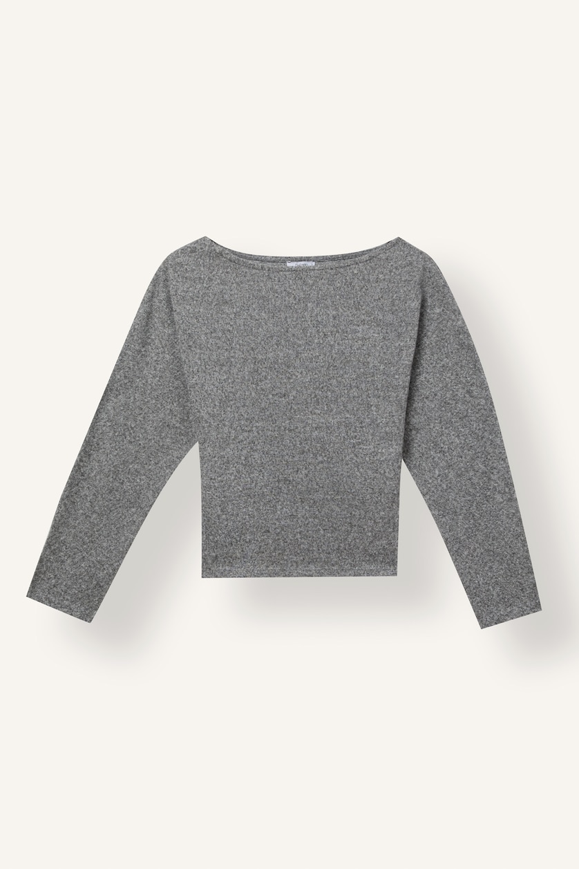 Kadın Gri Melanj Fitted Kayık Yaka Uzun Kollu Basic Tişört