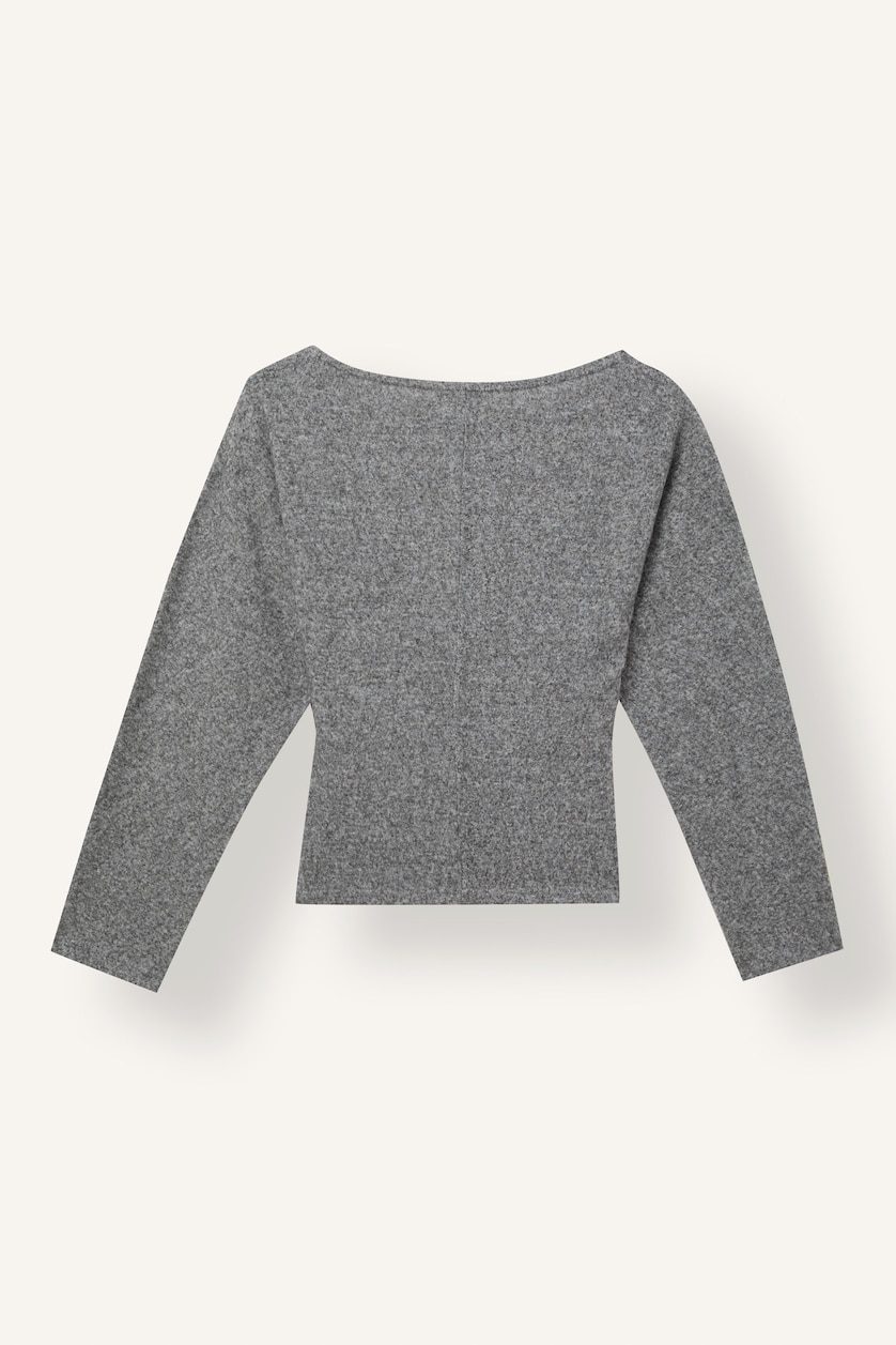 Kadın Gri Melanj Fitted Kayık Yaka Uzun Kollu Basic Tişört