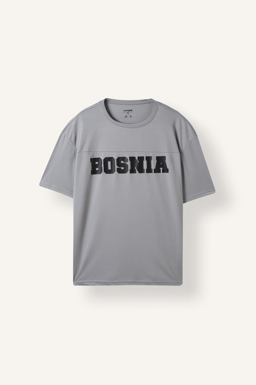 Erkek Açık Gri Boxy Fit Kısa Kollu Baskılı Tişört