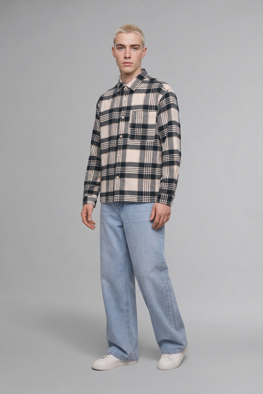 Erkek Lacivert Boxy Fit Ekose Oduncu Gömlek
