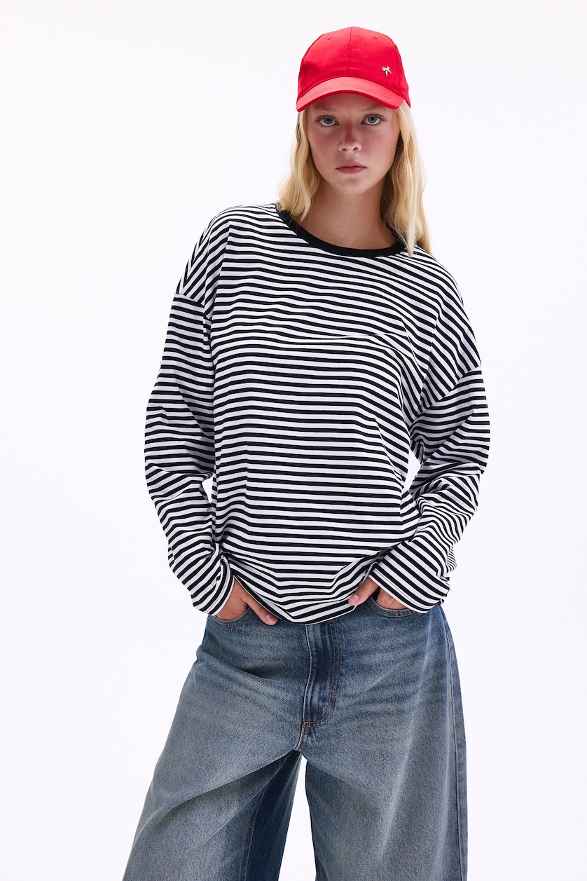 WOMAN Black 100% Cotton Oversize Striped T-Shirt