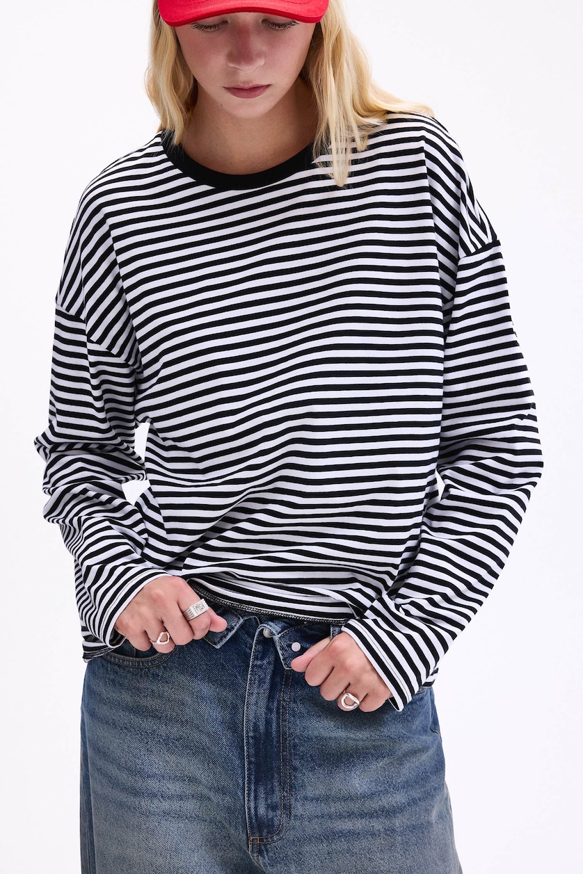 WOMAN Black 100% Cotton Oversize Striped T-Shirt