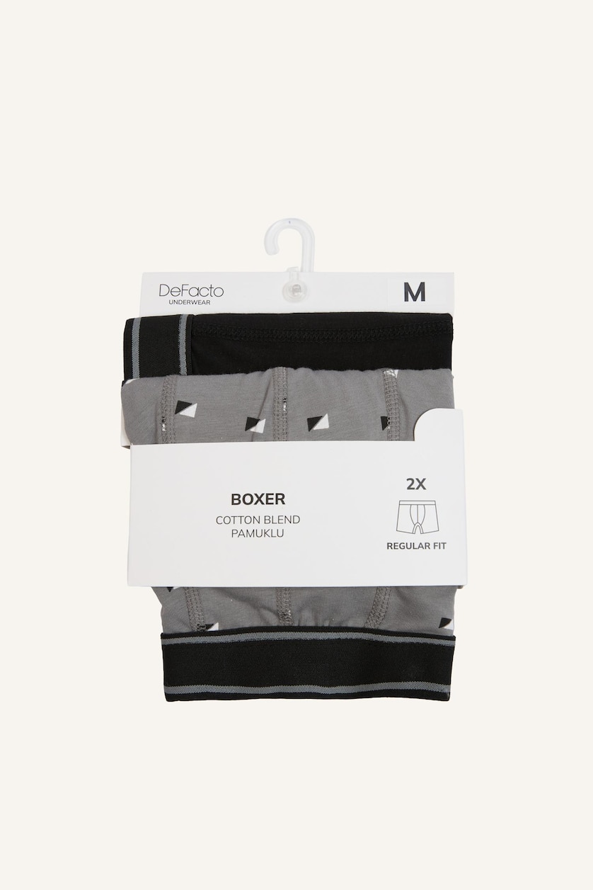 Erkek Siyah Regular Fit Geometrik Desenli 2'li Boxer