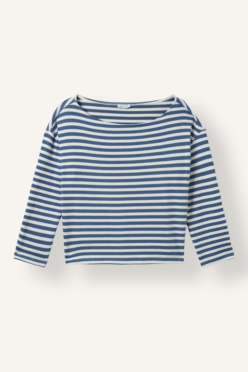 Kadın Mavi Loose Fit Çizgili Uzun Kollu Tişört