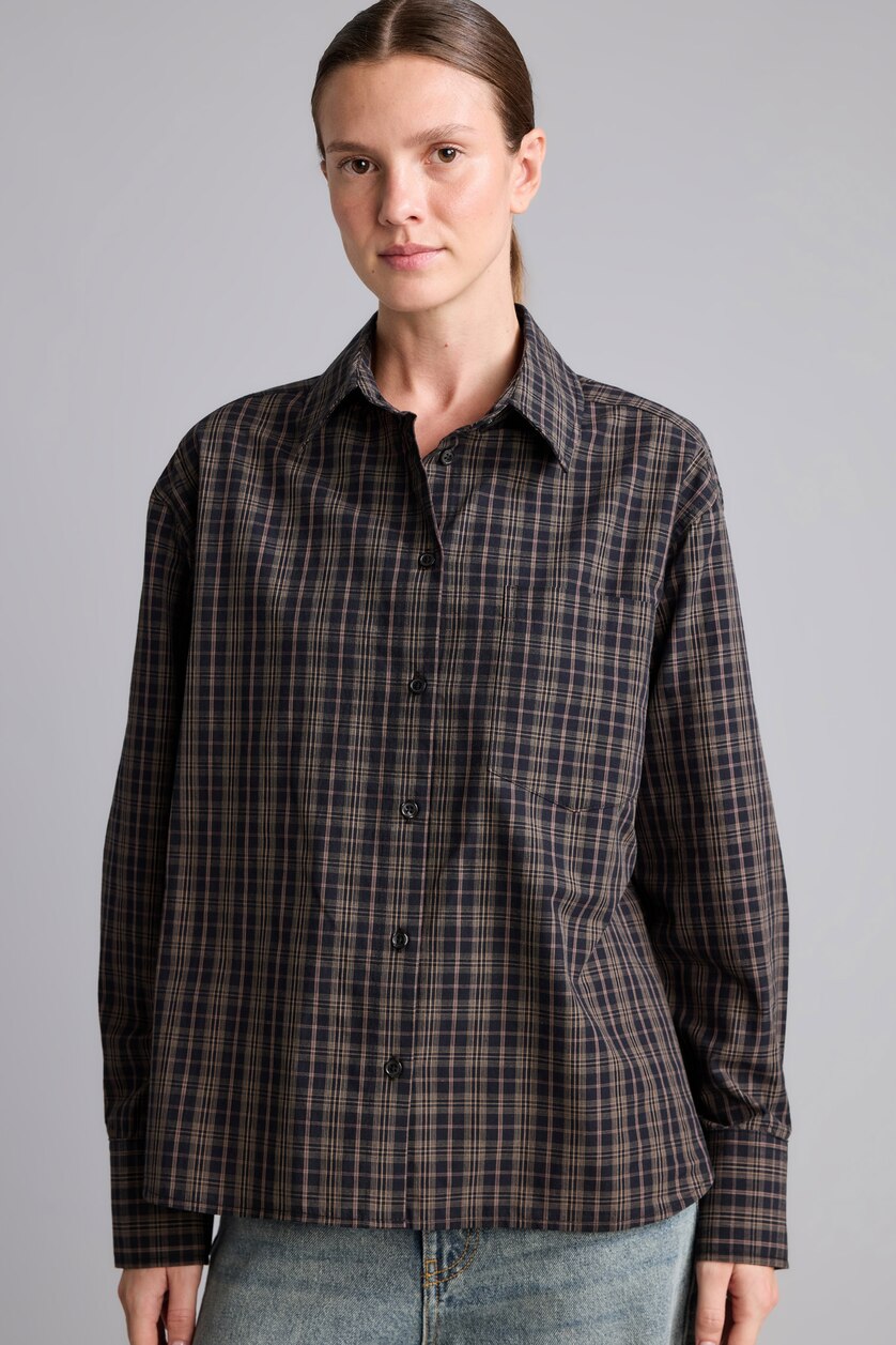 Kadın Kahve Oversize Uzun Kollu Kareli Poplin Gömlek
