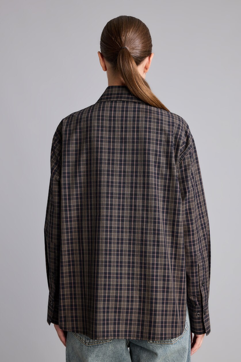 Kadın Kahve Oversize Uzun Kollu Kareli Poplin Gömlek
